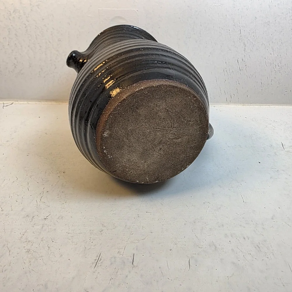 Vintage Studio Pottery Black Glazed Stoneware Pitcher‎ Ribbed Handcrafted Jug